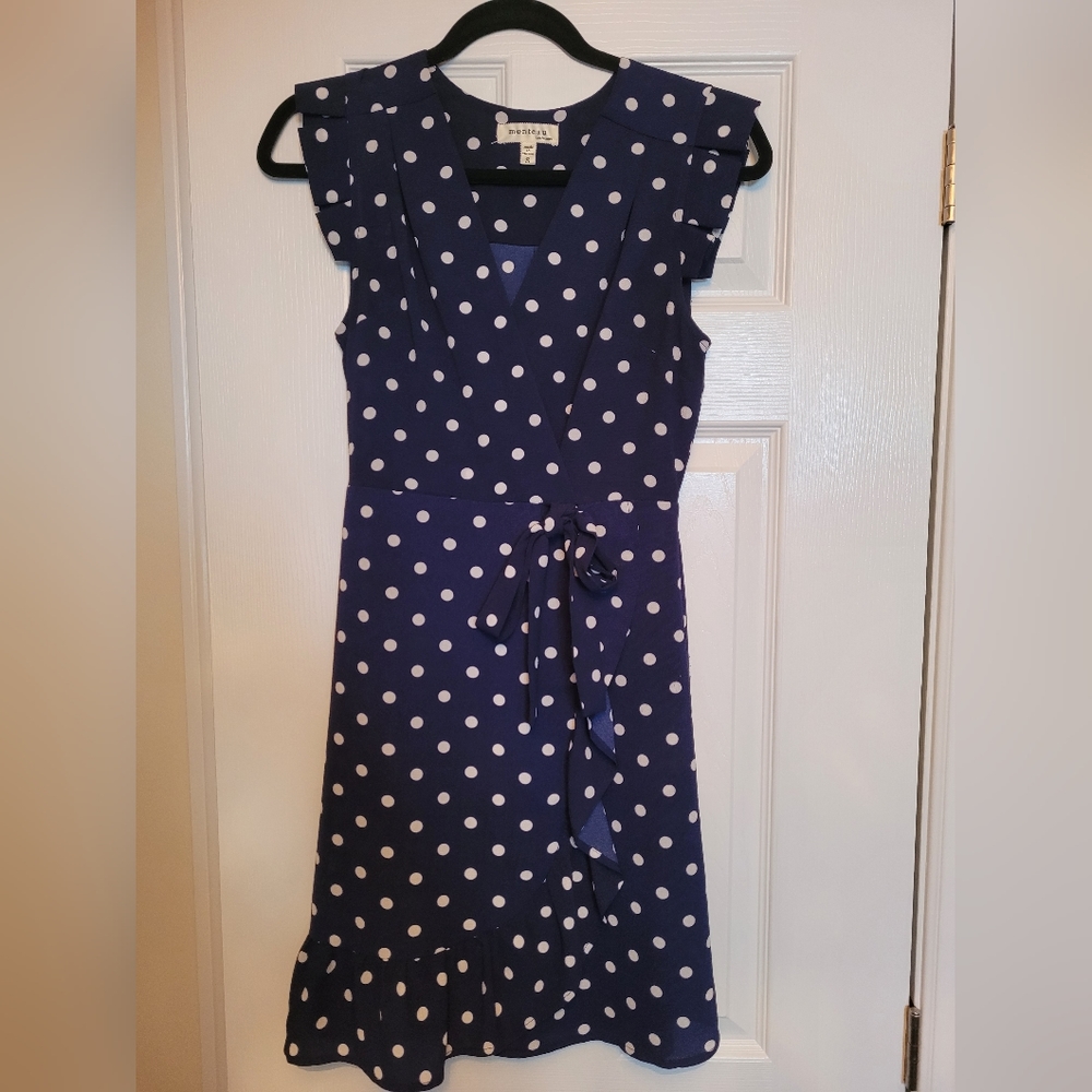 Blue and white polka dot dress